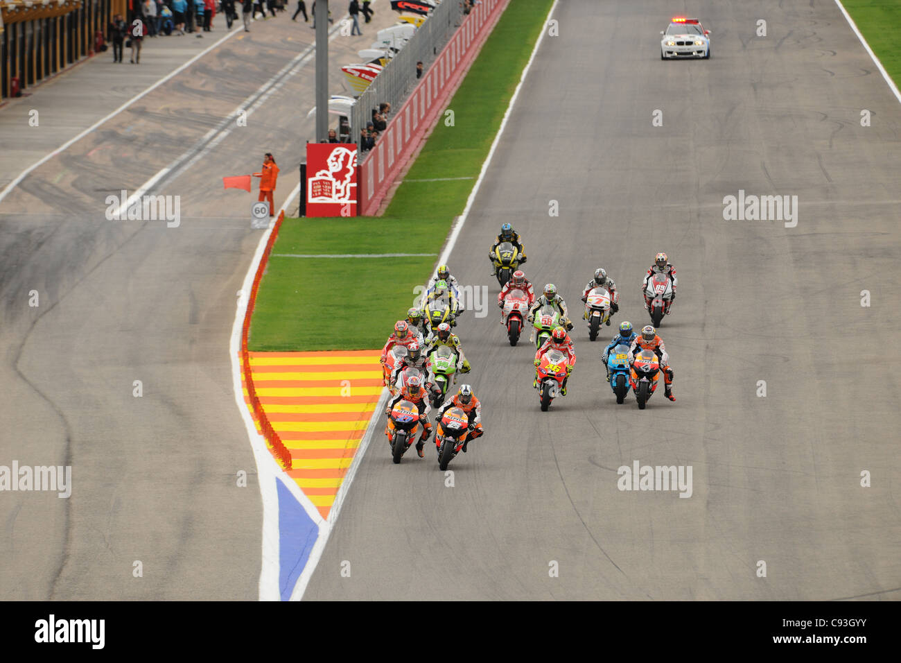 Crash at turn 1 at the Valencia Moto GP involving Valentino Rossi 46, Nicky Hayden 69, Randy De Puniet 14, Alvaro Bautista 19 Stock Photo