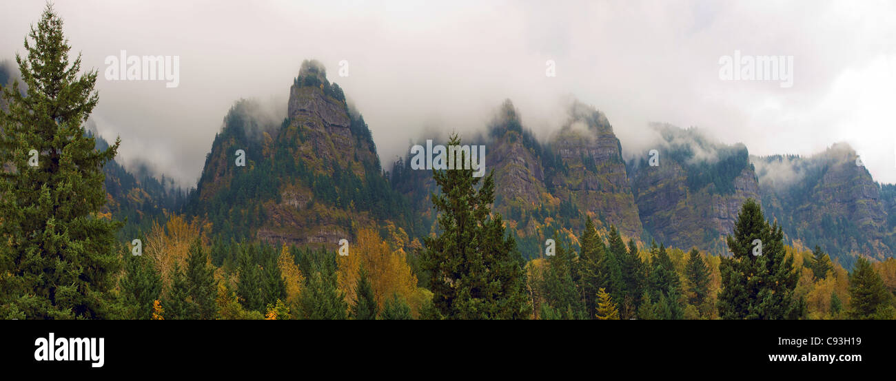 Mountain Mist Along Columbia River Gorge Oregon in Fall Panorama Stock Photo