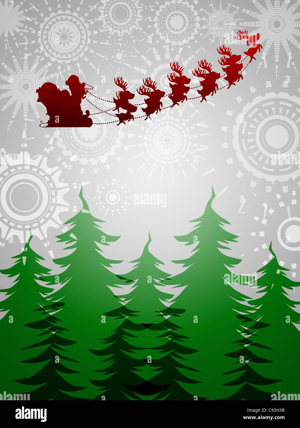 Santa Sleigh Reindeer Flying Over Trees on Silver Sun Star Background Illustration Stock Photo