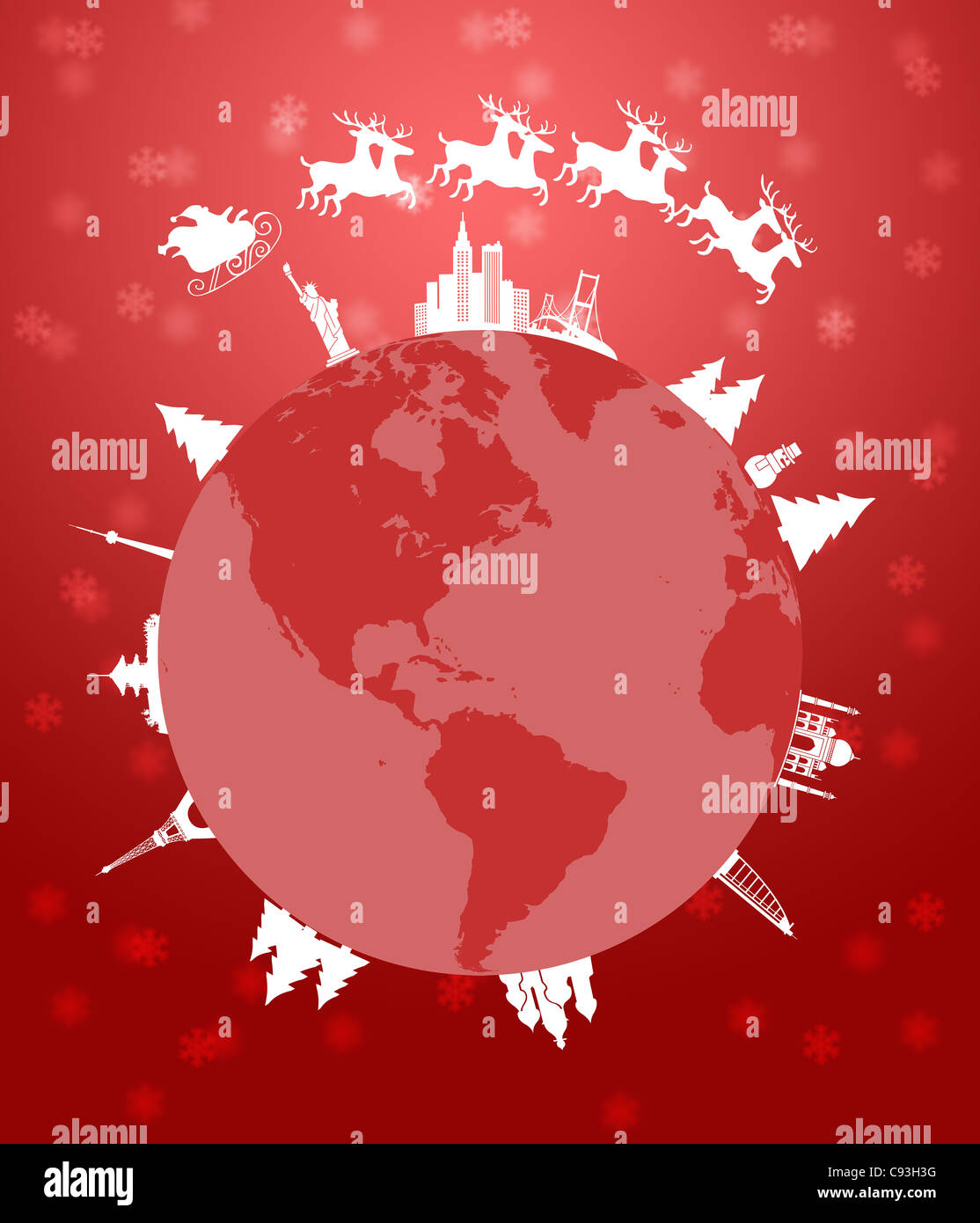 Santa Sleigh and Reindeer Flying Around the World Globe Red Background Illustration Stock Photo