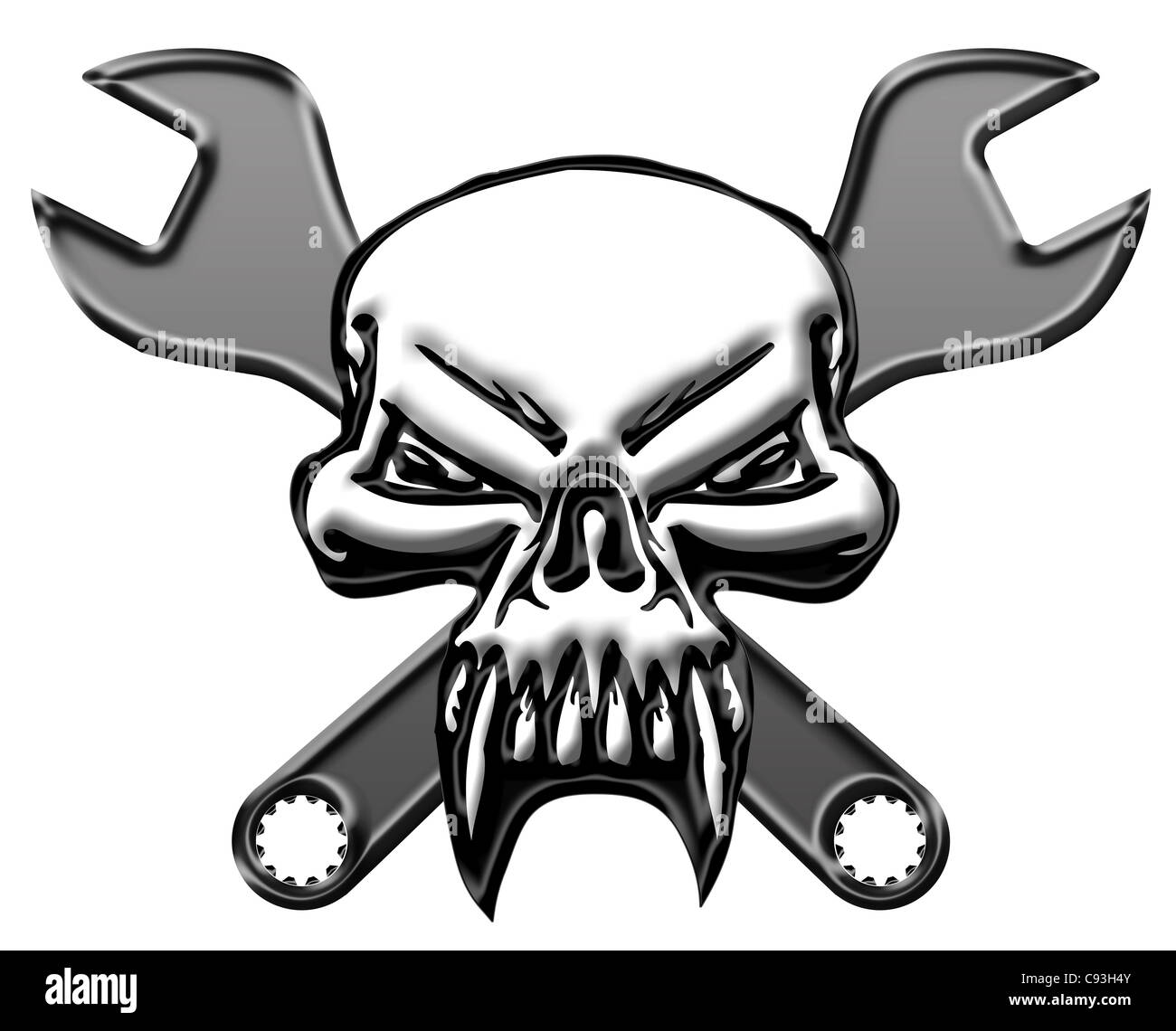 Bikers Skull Symbol with Mechanics Wrench Illustration Stock Photo - Alamy