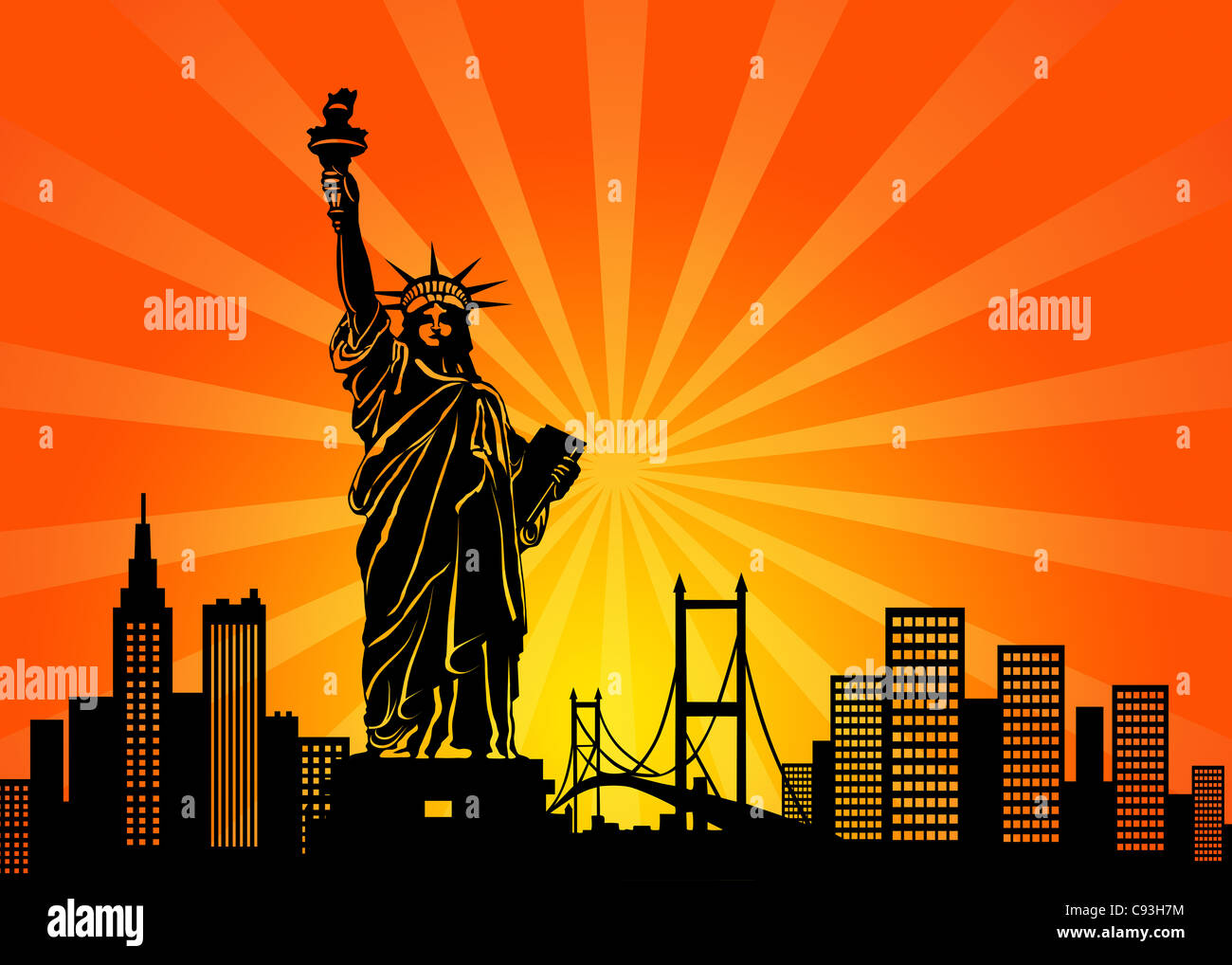 New York Manhattan City Skyline and Statue of Liberty Illustration ...