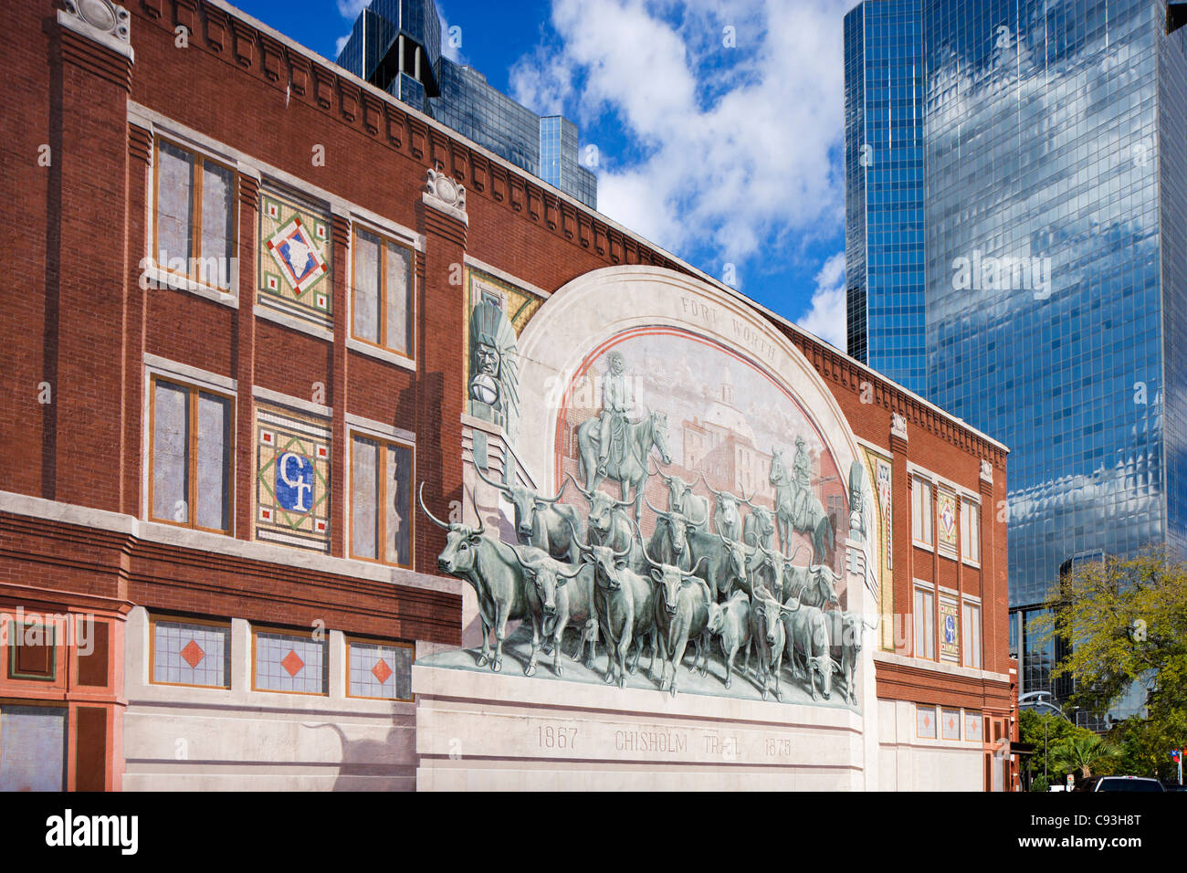 The Chisholm Trail Mural on the Jett Building, Main Street, Sundance Square district, Fort Worth, Texas, USA Stock Photo