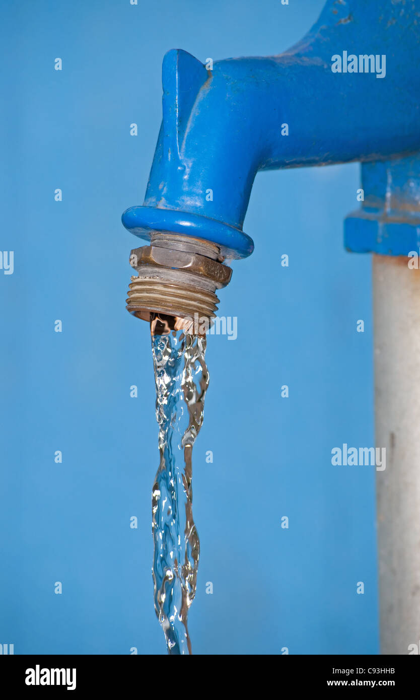 Water running from a blue hydrant Stock Photo