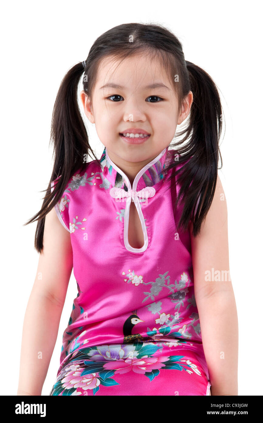 Little Oriental Girl In Traditional Chinese Dress Cheongsam On