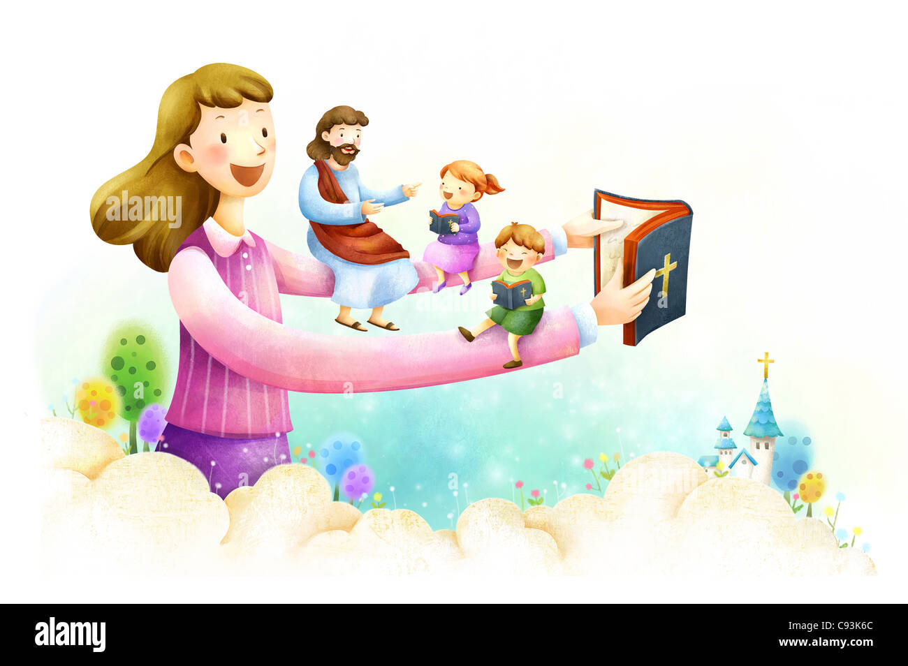 Children with Jesus Christ sitting on woman arms reading bible Stock ...
