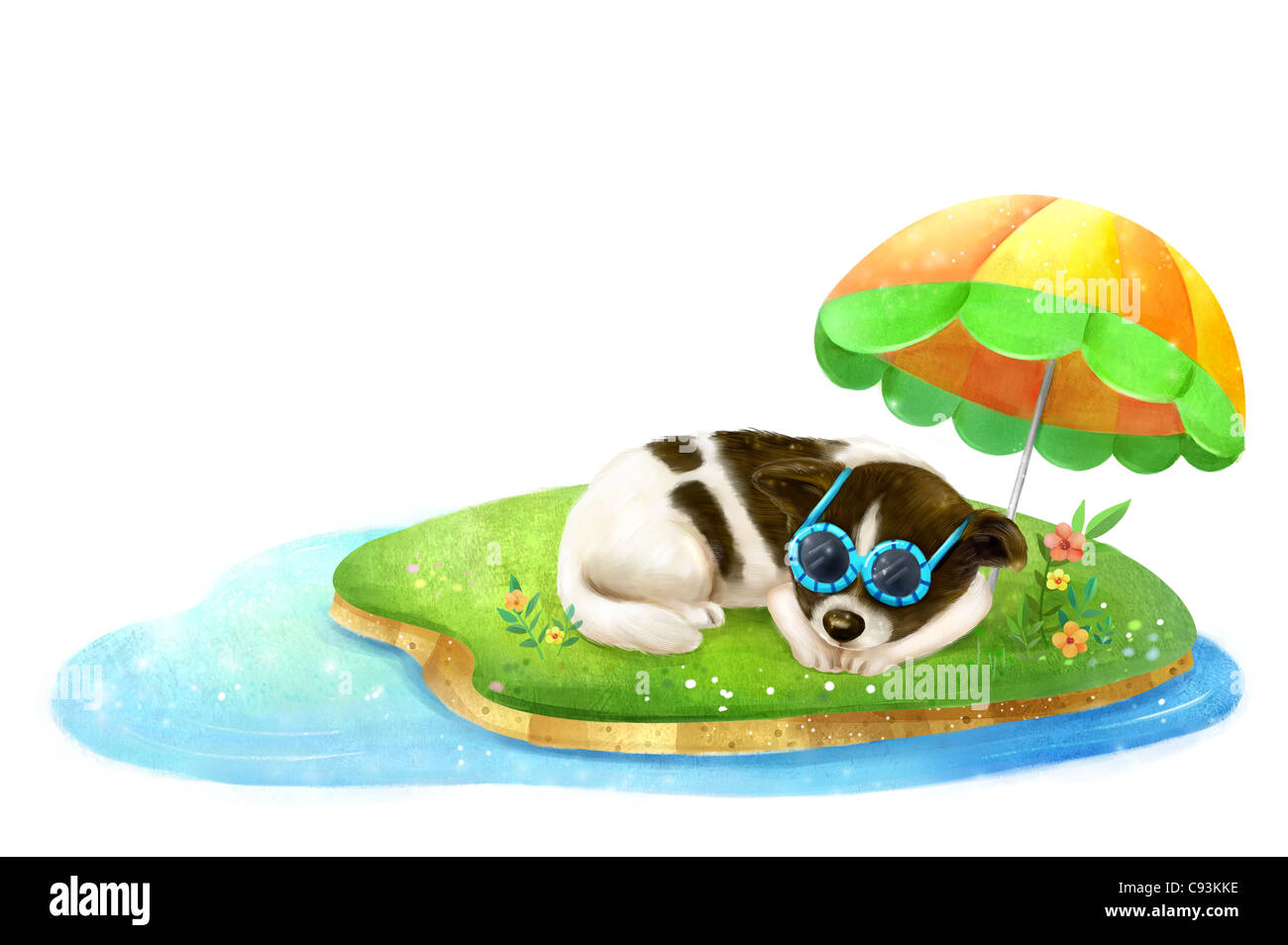 A dog wearing goggles relaxing on island Stock Photo
