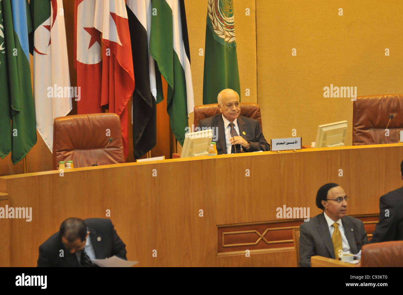 Nabil Al Araby, Secr Gen of the Arab League in Cairo, during a visit to the Arab League body by Turkish Prime Minister  Erdogan Stock Photo