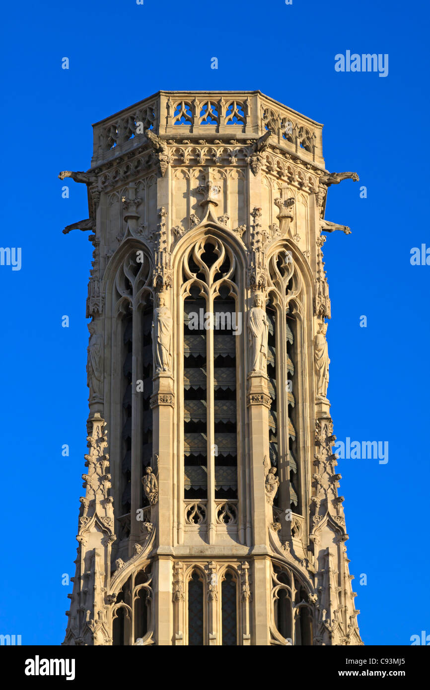 Neo-gothic belltower between St Germain l'Auxerrois Church and the town hall of the 1st arrondissement, Paris, France Stock Photo