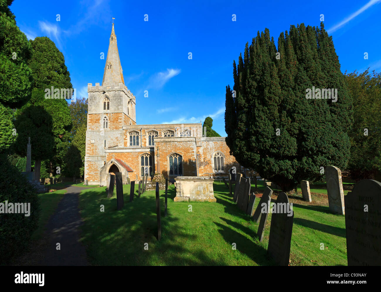 St Peter's Church, Wymondham, Leicestershire. Historic church in perpendicular style with a 13th century spire. Stock Photo