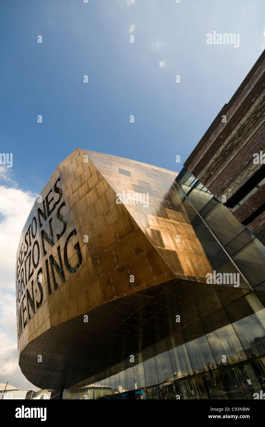 The Wales Millennium centre, Canolfan Mileniwm Cymru in Cardiff, extreme wide angle. Stock Photo