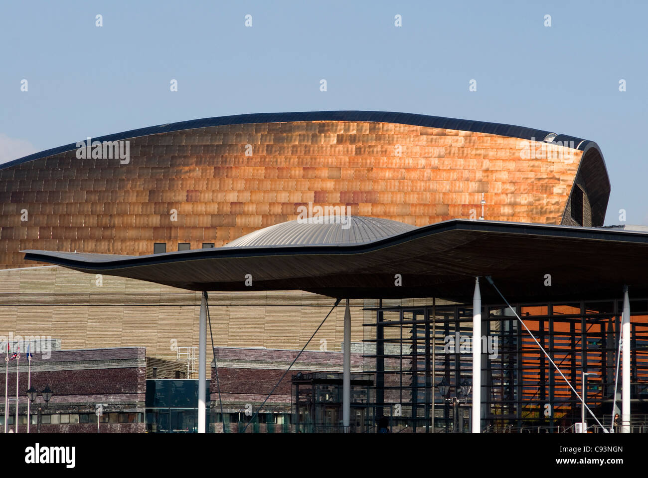 The roofs of the senned, Welsh national assembly, and the Millenium centre in Cardiff. Stock Photo