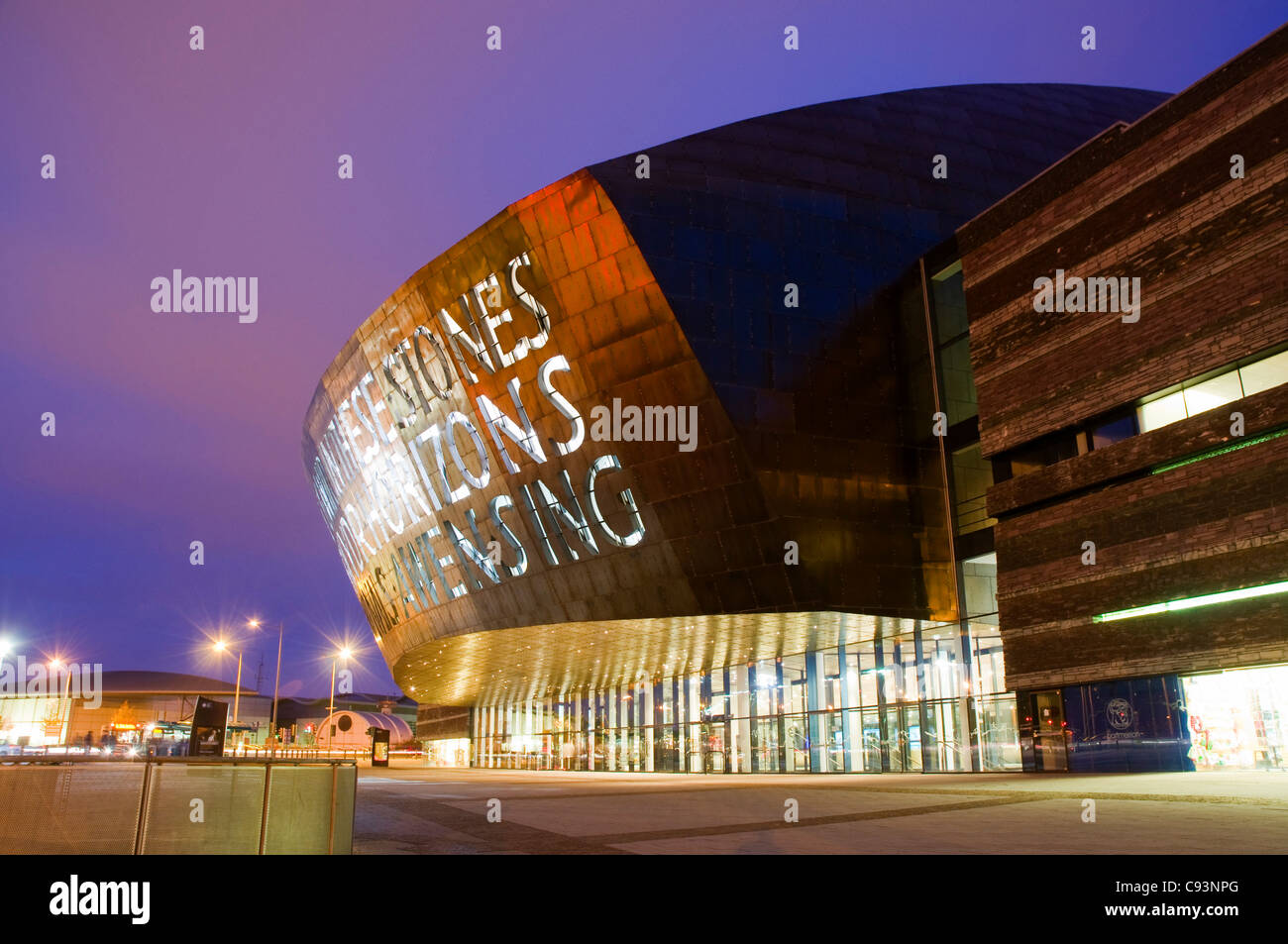 The Wales Millennium centre, Canolfan Mileniwm Cymru in Cardiff – evening shot. Stock Photo