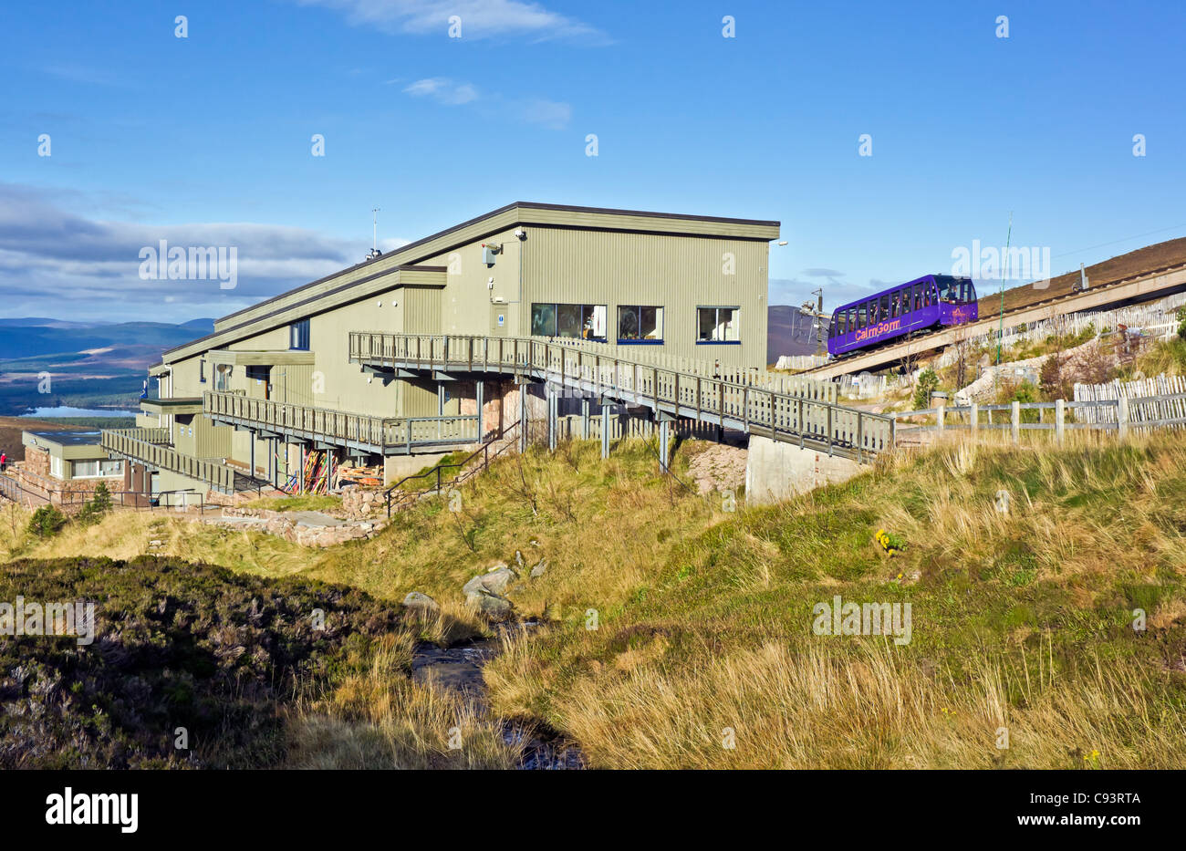 Cairngorm Mountain lower railway installation on Cairn Gorm in Cairngorms National Park Scotland with funicular car ascending Stock Photo
