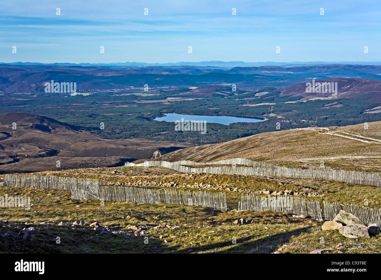 View from Cairngorm Mountain access road across Rothiemurchus towards Aviemore with Loch Morlich in the centre Stock Photo