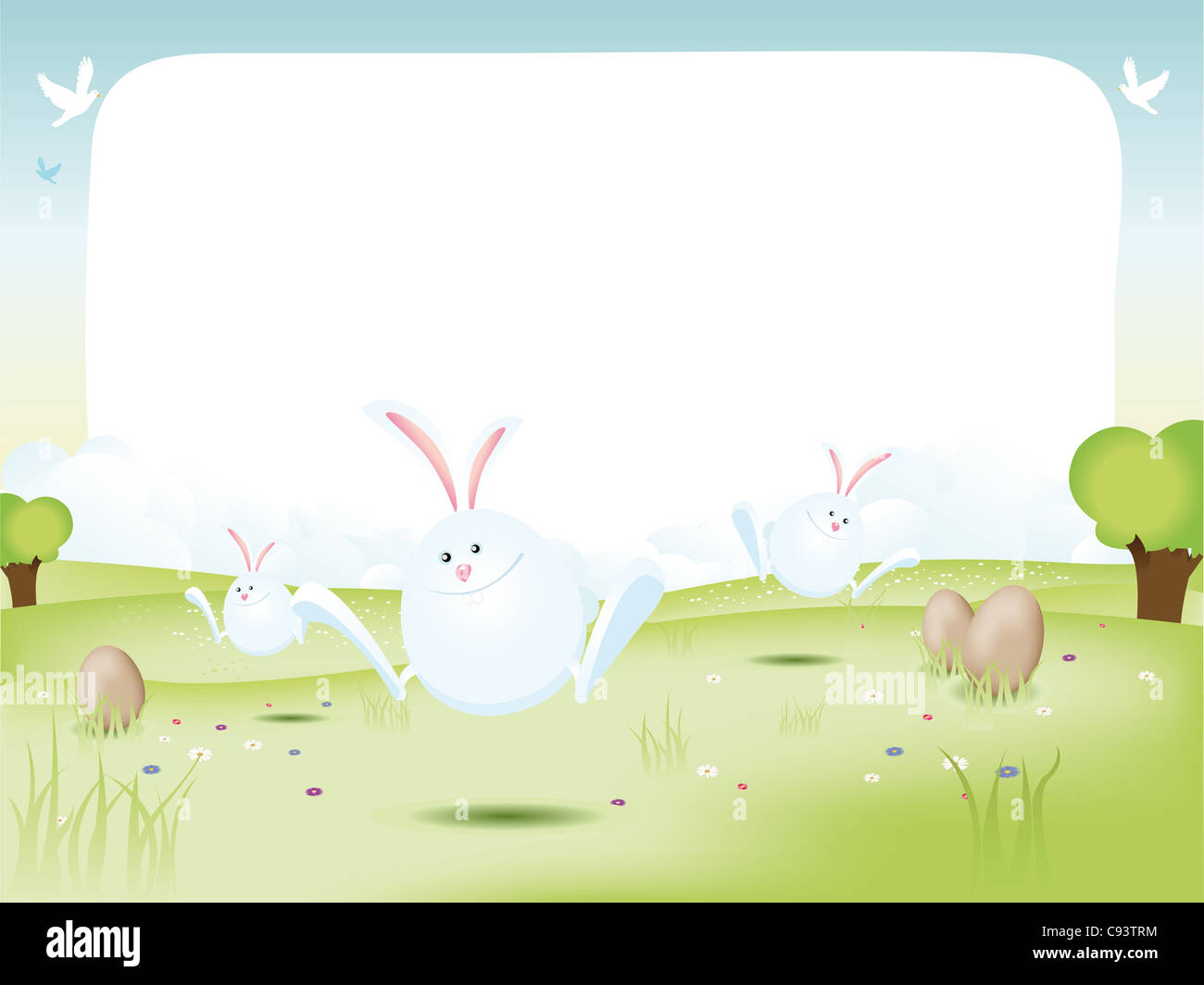 Illustration of happy easter bunnies jumping in the fields for spring