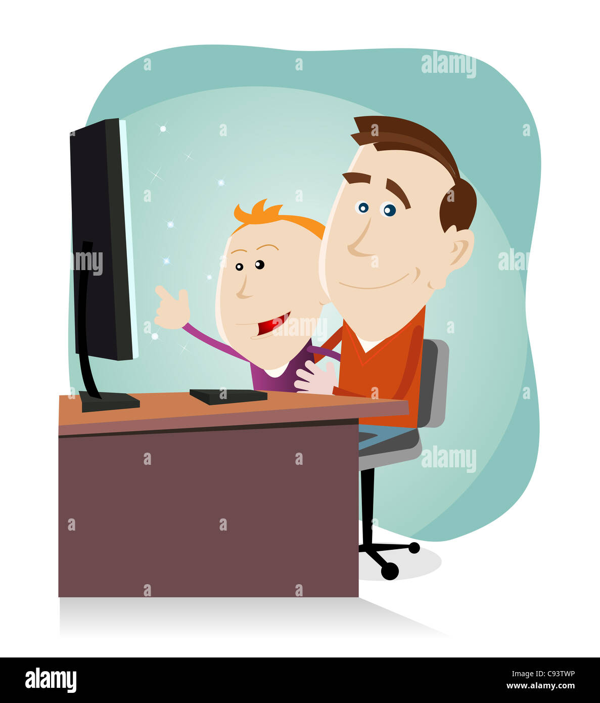 Illustration of a cartoon happy family, father and his son looking at ...