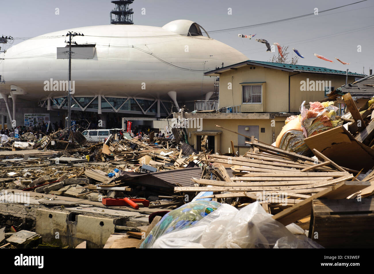 The Ishinomaki Mangattan museum amidst debris from the March 11 tsunami, Miyagi Prefecture, Japan Stock Photo