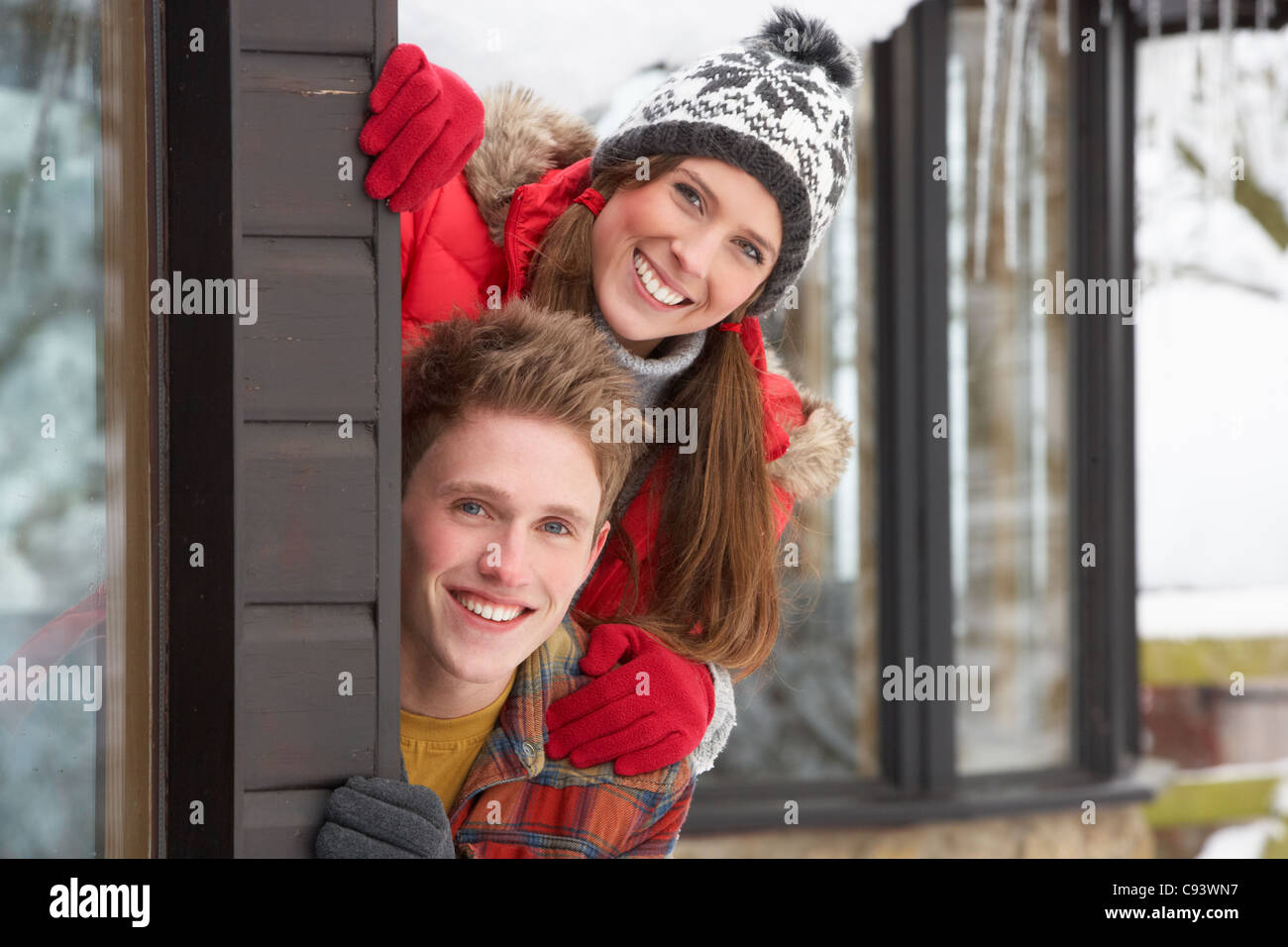 Young couple in snow Stock Photo