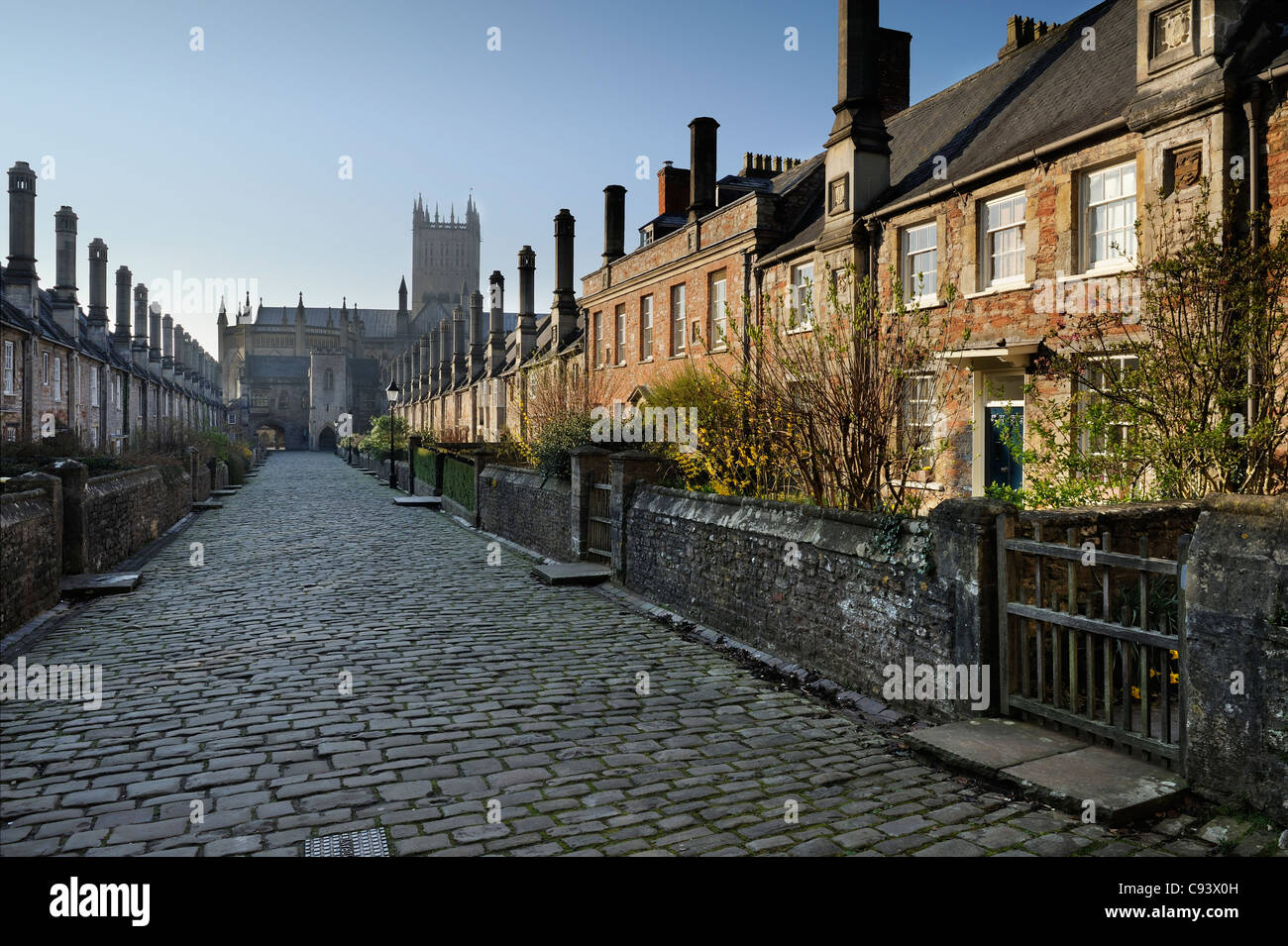 Early morning sun lights houses in Vicars' Close, Wells, Somerset, UK Stock Photo