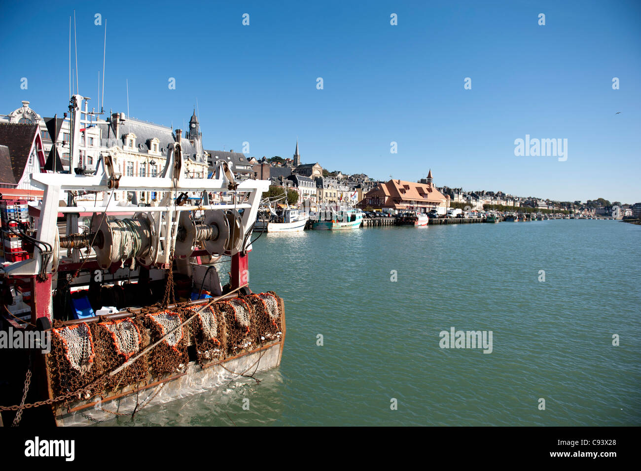 Chalutier, fishing trawler, moored at the Touques river of Trouville on the Côte Fleurie in Normandy, close to the fish market Stock Photo