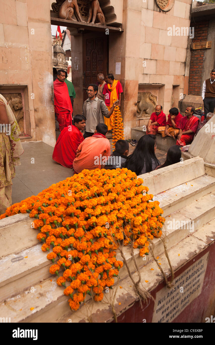 India, Assam, Guwahati,Kamakhya temple, marigold garlands on sale to