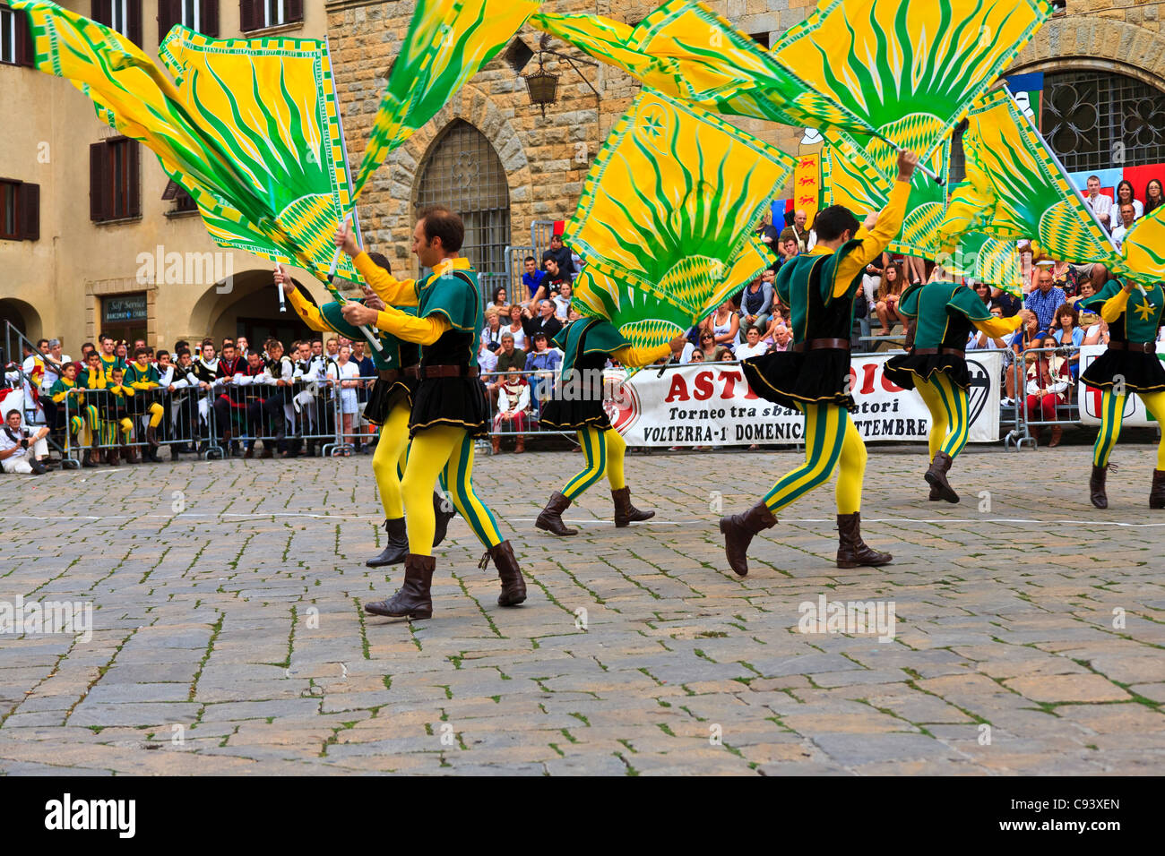 Volterra Italy Europe flag throwing competition. Volterra Hill town Italy. Stock Photo