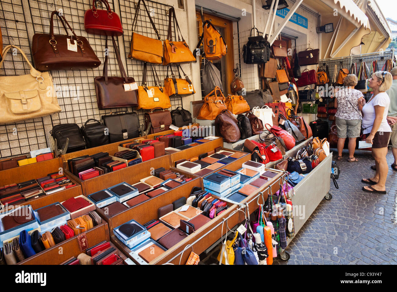 Italy, Veneto, Lake Garda, Malcesine,  Leather Handbags Shop Display Stock Photo