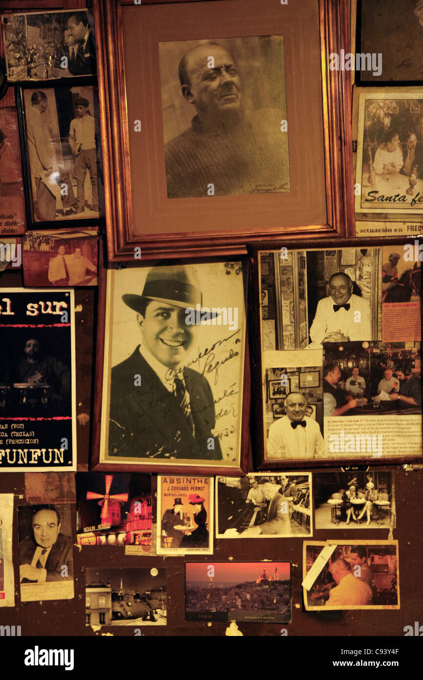 Old photos (main one showing Carlos Gardel) on the wall at Baar Fun Fun. Montevideo, Uruguay. Stock Photo