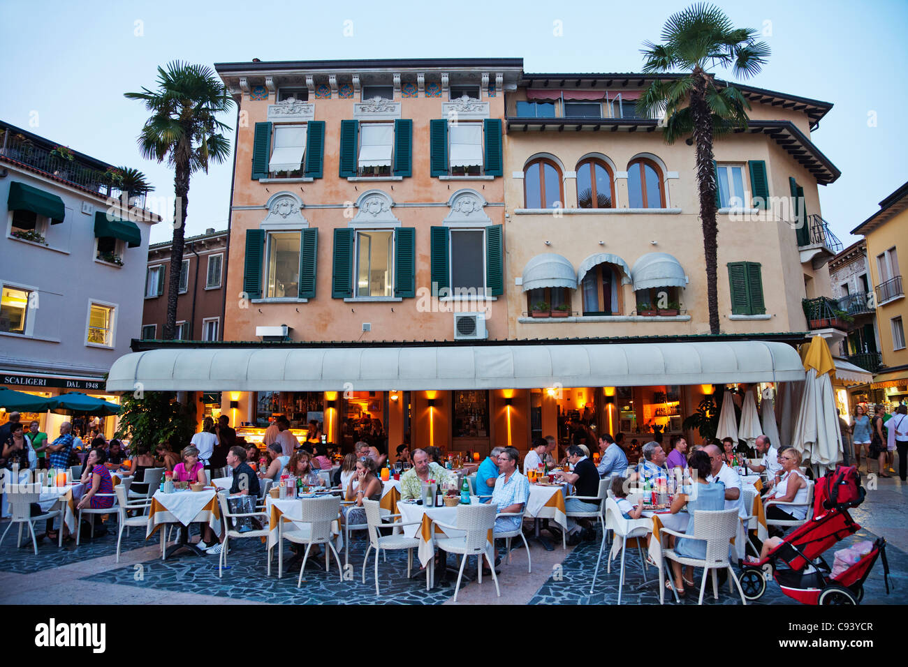 Italy, Lombardy, Lake Garda, Simione, Outdoor Cafes Stock Photo