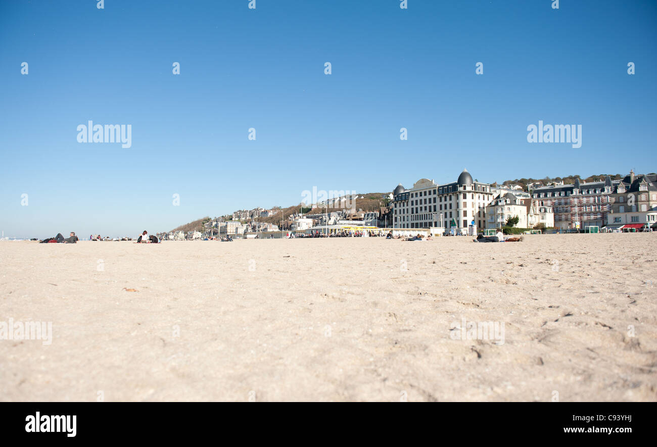Sandy beach of the seaside resort Trouville-sur-Mer at the estuary of the Touques river in Normandy, France Stock Photo
