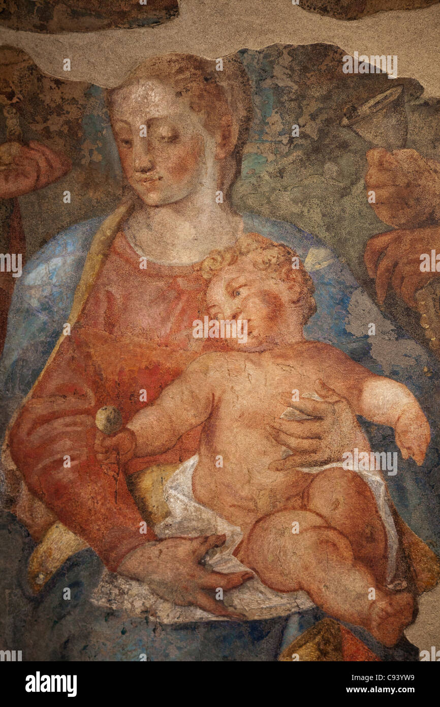 Italy,Trento, Lake Garda, Riva del Garda, Riva del Garda Museum, 16th century Fresco depicting Madonna and Child Stock Photo