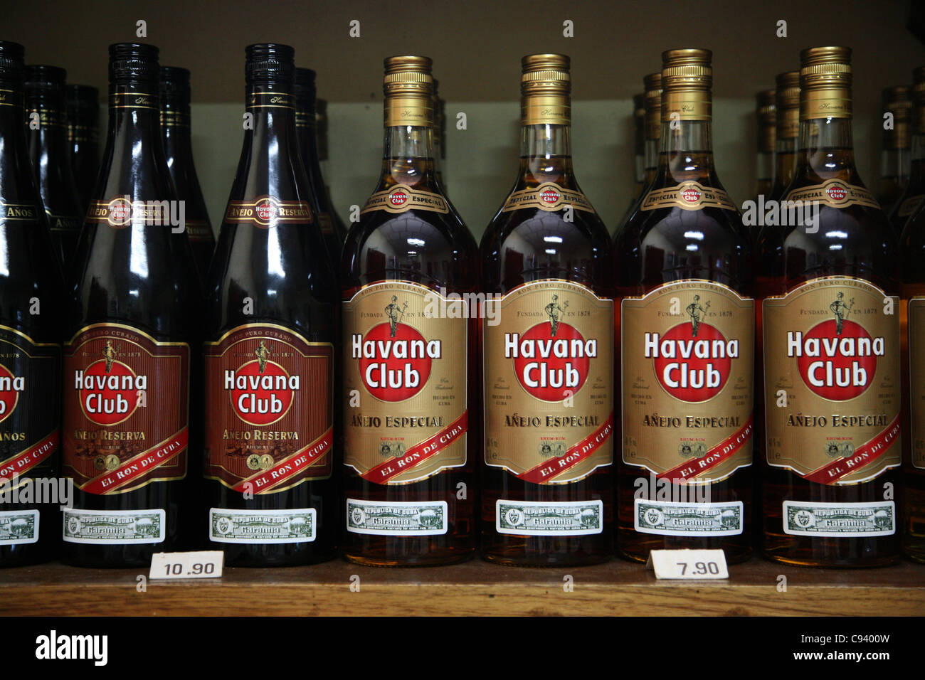 Bottles of rum Havana Club at the factory shop of Fabrica de Bebidas