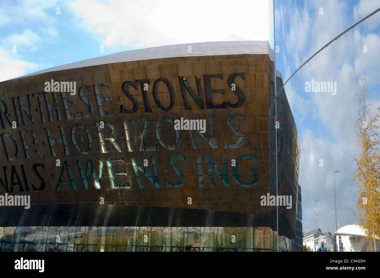 The Wales Millennium centre, Canolfan Mileniwm Cymru in Cardiff with reflections Stock Photo