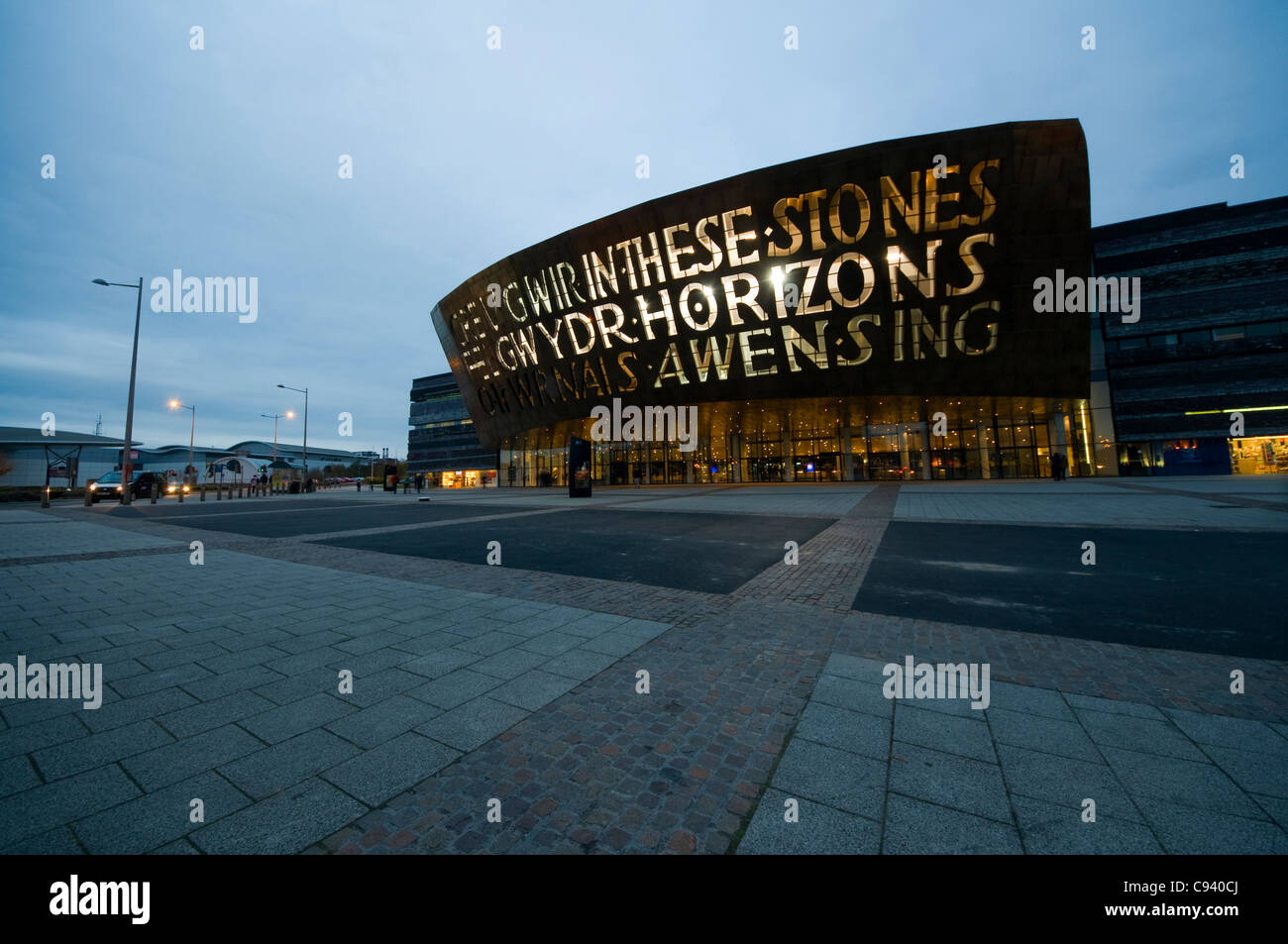 The Wales Millennium centre, Canolfan Mileniwm Cymru in Cardiff – evening shot. Stock Photo