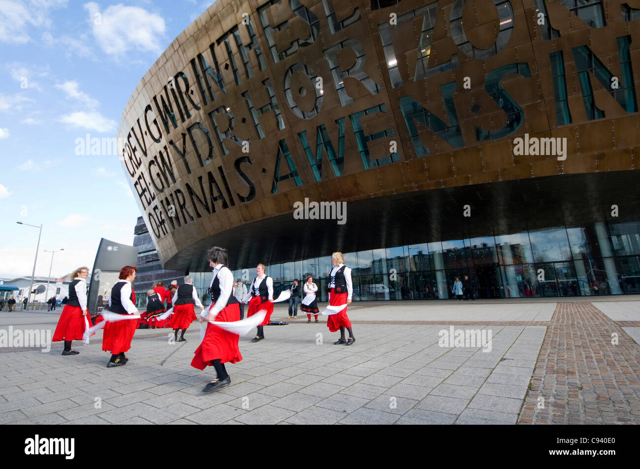 Morris dancers outside the Millennium centre, Cardiff. Stock Photo