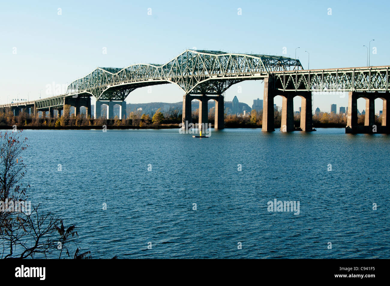 Champlain Bridge that crosses the St. Lawrence River linking Montreal to the American mainland. Stock Photo