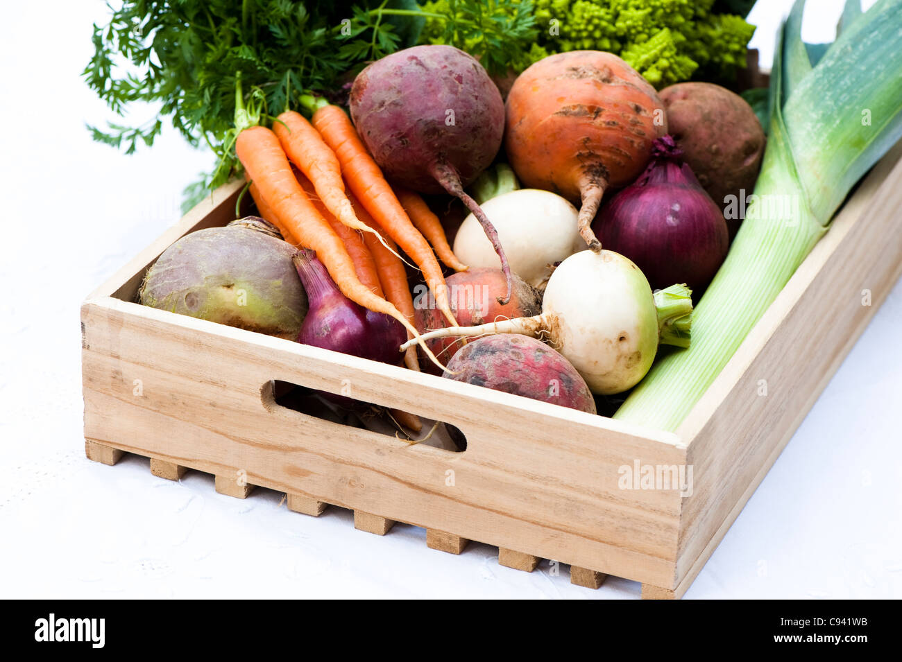 Box of mixed vegetables turnips, carrots, swede, potatoes, beetroots, red onions, leek and