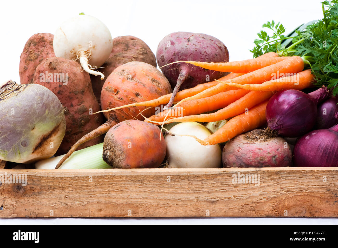 Box of mixed vegetables turnips, carrots, swede, potatoes, beetroots