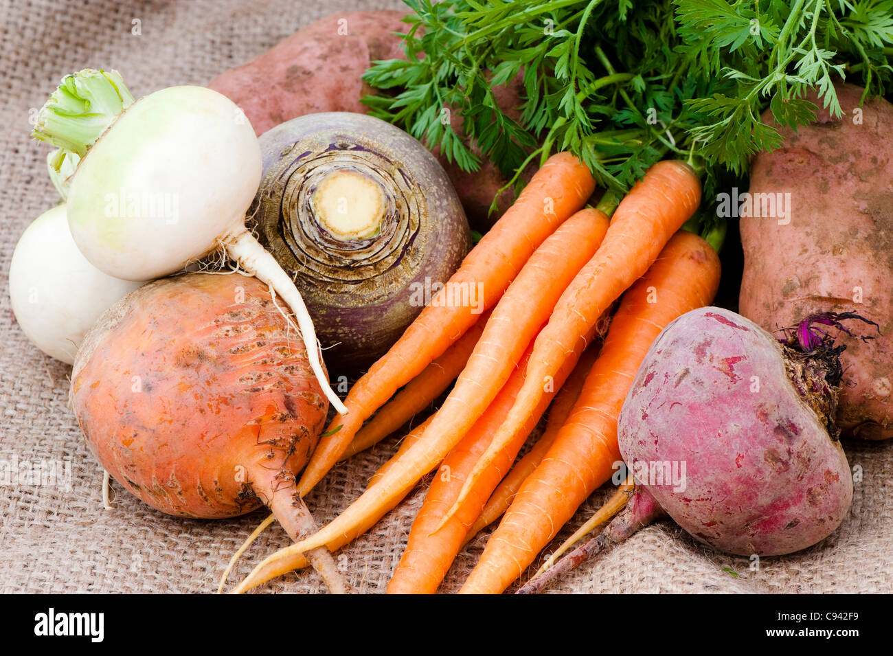 Mixed vegetables: turnips, carrots, swede, beetroots and potatoes Stock Photo