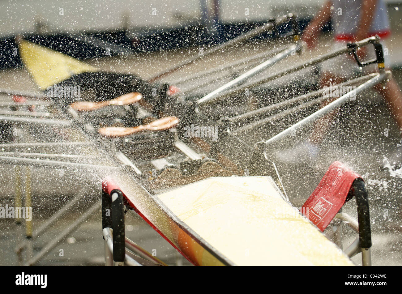 A rower washing his double scull rowboat. Stock Photo