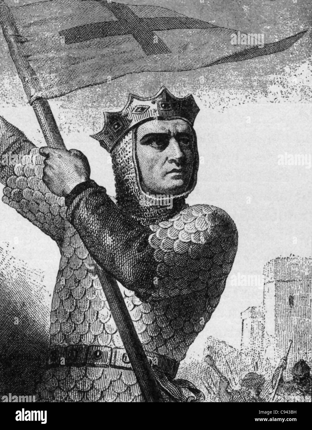 Godfrey de Bouillon, duke of Lower Lorraine holds the Crusader banner