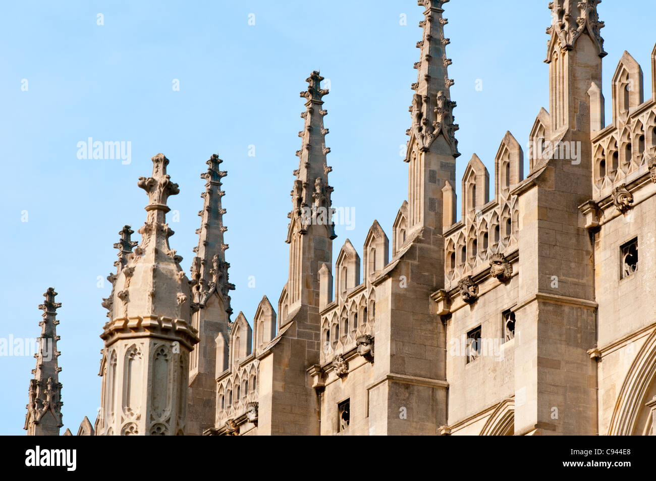 Detail of some of the stone work spires and gargoyles of King's College, Cambridge University. Stock Photo
