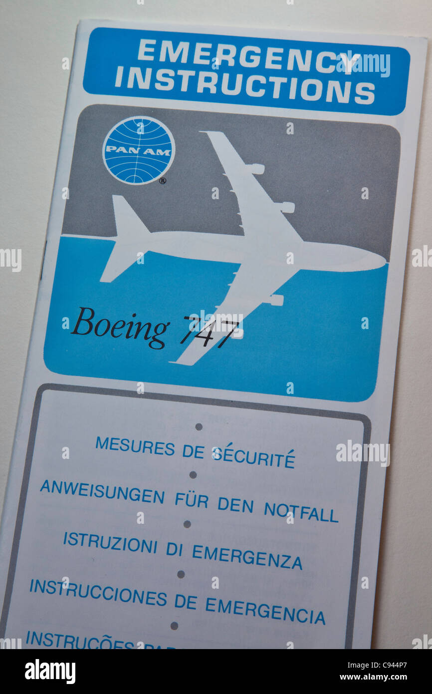 Pan Am Boeing 747 Emergency Instructions Pamphlet - Stock Image
