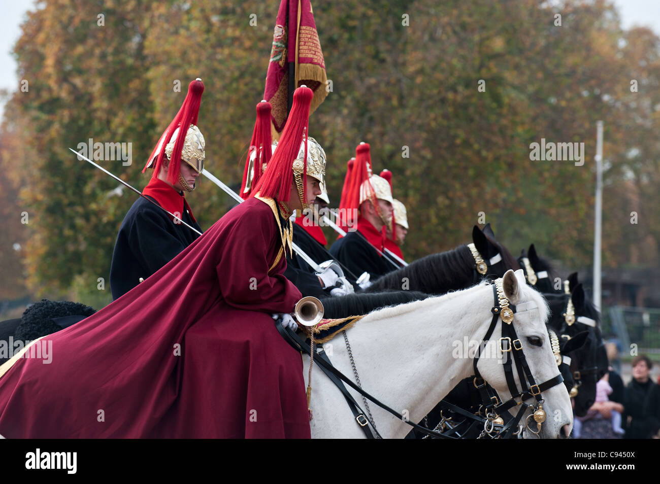Troopers from the Blues and Royals at Horse Guards Parade in London Stock Photo