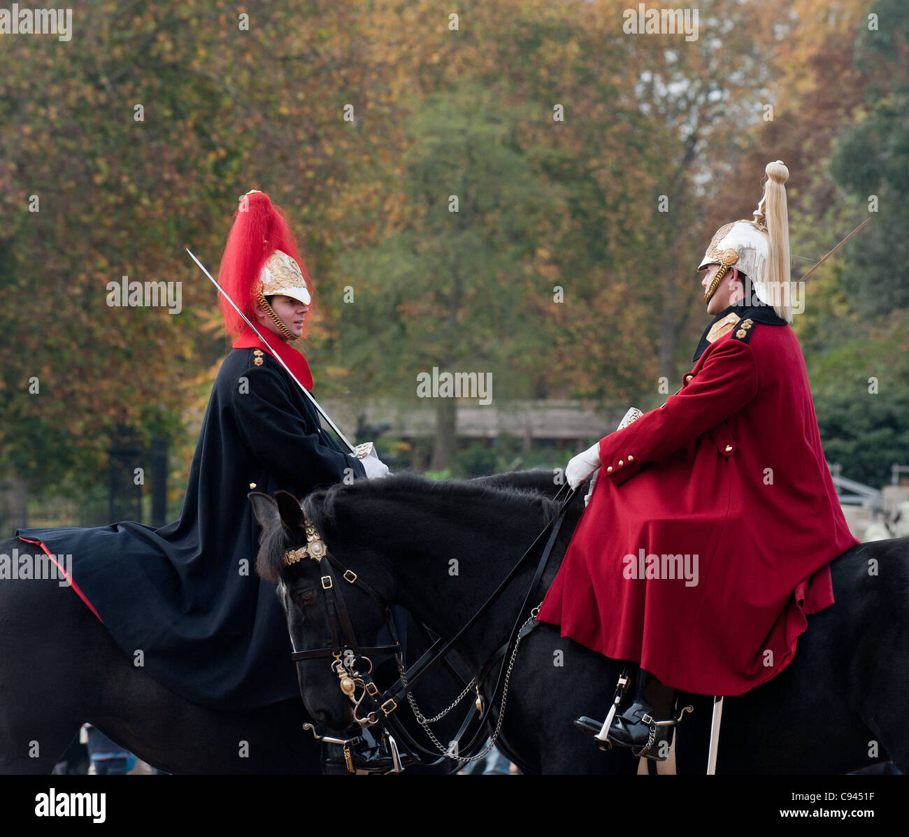 Officers from the Blues and Royals and the Lifeguards conversing whilst on parade in Horse Guards Parade in London Stock Photo