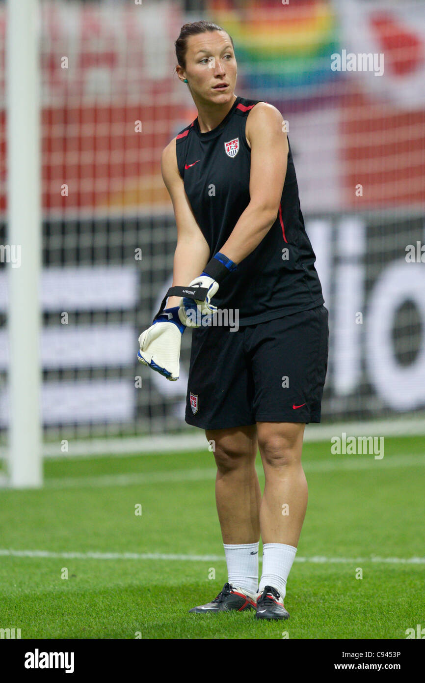 United States goalkeeper Jill Loyden puts on her gloves for warmups prior to the 2011 Women's World Cup final against Japan. Stock Photo