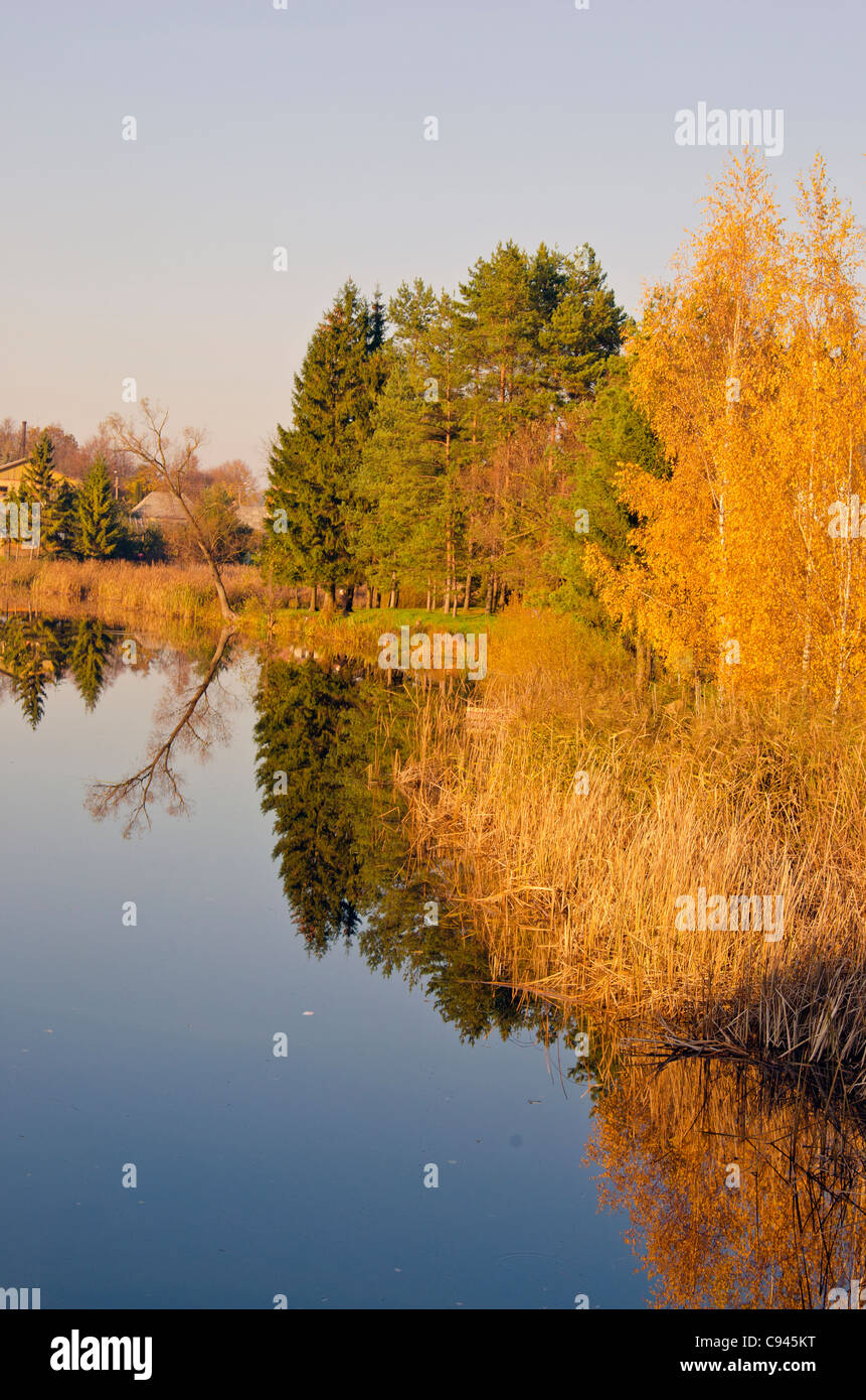 Lake with reflection of trees with colored leaves in autumn Stock Photo ...