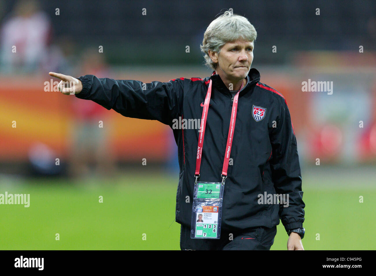 United States National Team head coach Pia Sundhage directs team warmups before the Women's World Cup soccer final against Japan Stock Photo