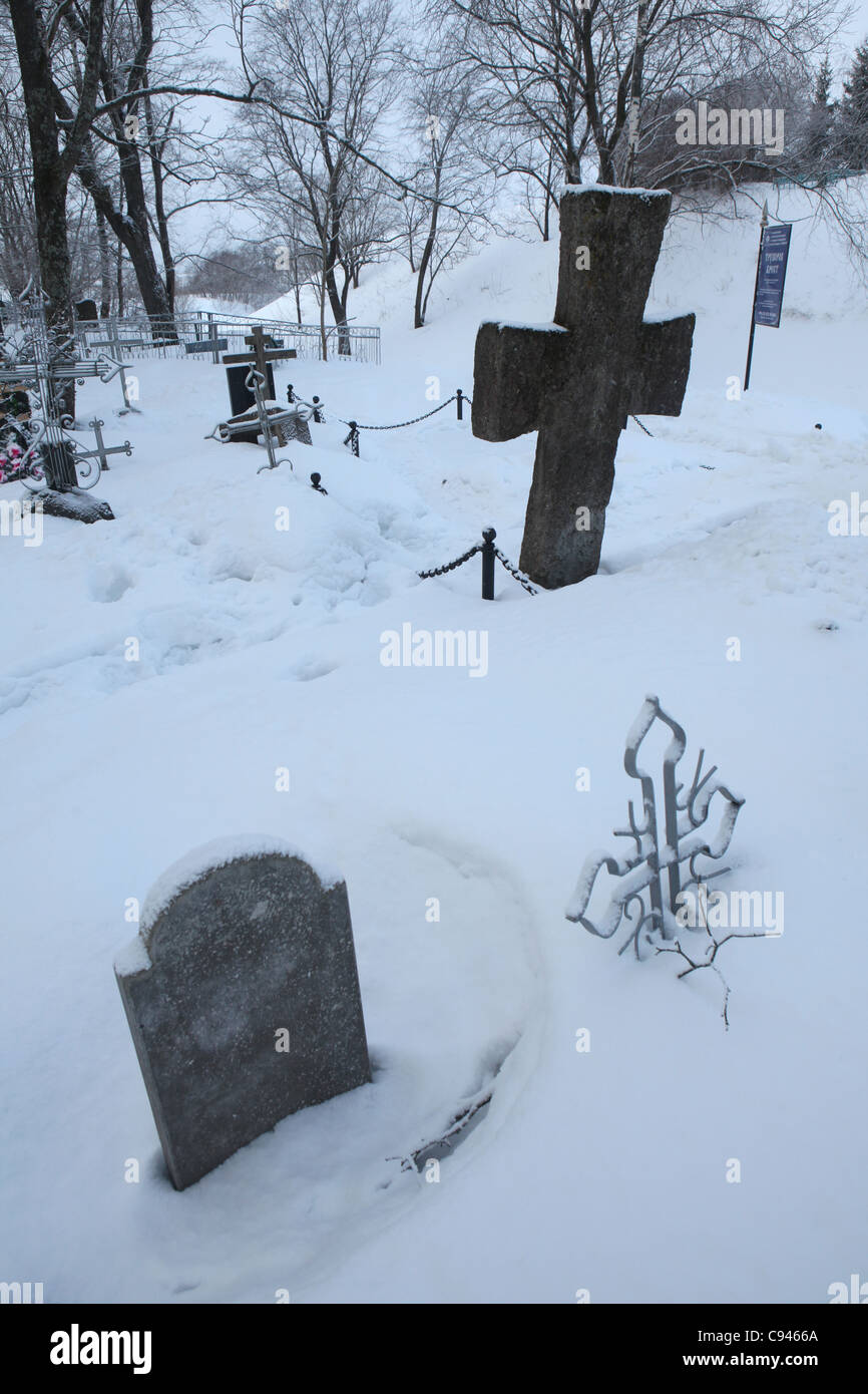 Truvor Cross at the rural cemetery in Izborsk, Russia. Stock Photo